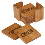Bamboo 6 Coaster Set with Engraved GREIF Logo and Bamboo Holder Box