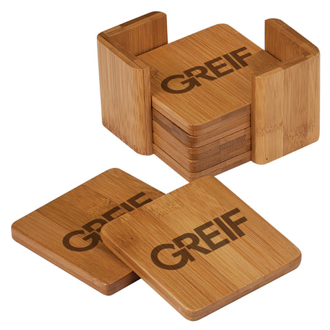 Bamboo 6 Coaster Set with Engraved GREIF Logo and Bamboo Holder Box