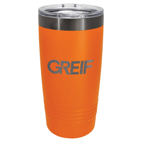 Copo térmico GREIF Polar Camel® de 20 oz (591 ml) com revestimento iônico nas cores laranja/preto fantasma e tampa deslizante.